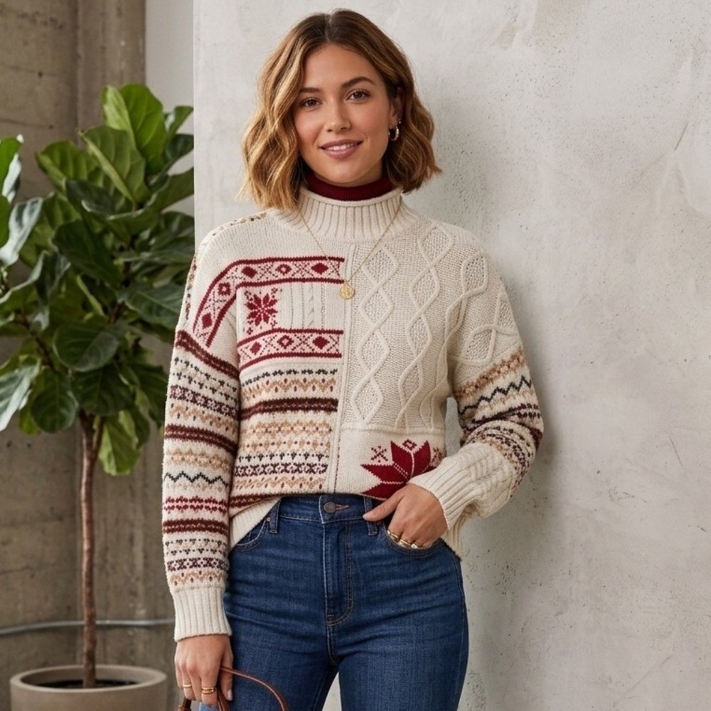 American Eagle Patchwork Fair Isle Sweater Womens Small Cream Red Cable Knit
